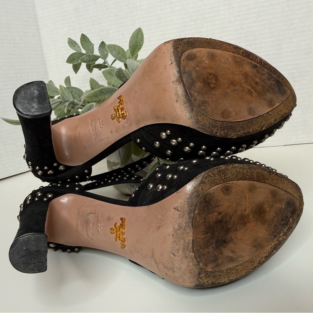 Prada Black Suede Studded Cross Strap Platform Pumps Size 35 Luxury Italian Glam - Picture 15 of 17